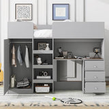Harper & Bright Designs Full Size Loft Bed with Desk, Wood Full Loft Bed Frame with Built-in Wardrobe, Storage Shelves and Drawers, Gray Harper & Bright Designs