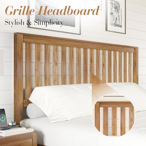 AMERLIFE Full Size Wood Bed Frame, Mid-Century Wooden Platform Bed with Grille Headboard, Wood Slat System/No Box Spring Needed/Noise Free, Natural AMERLIFE