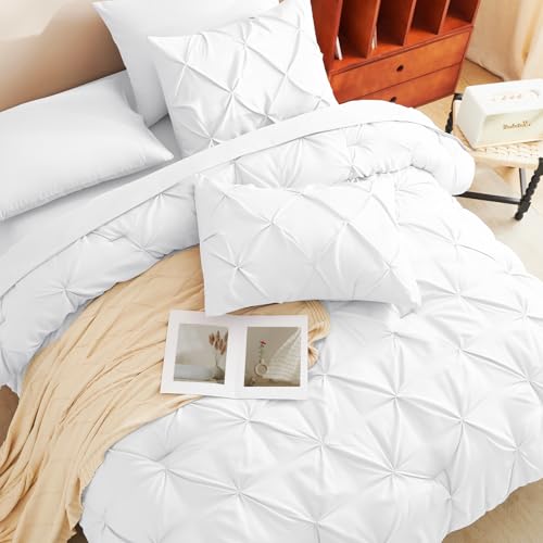CozyLux Full Size Comforter Sets White, 7 Pieces Pintuck Bed in A Bag White Comforter Full Size, Pinch Pleat Bedding Sets with All Season Comforter, Sheets, Pillowcases & Shams CozyLux