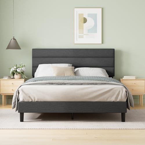 Zinus Queen Piper Upholstered Platform Bed with Horizontal Paneled Headboard, Wooden Slat Support, No Box Spring Needed, Easy Assembly, Eco Friendly Packaging, Dark Grey Zinus