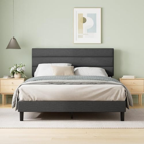 Zinus Queen Piper Upholstered Platform Bed with Horizontal Paneled Headboard, Wooden Slat Support, No Box Spring Needed, Easy Assembly, Eco Friendly Packaging, Dark Grey Zinus