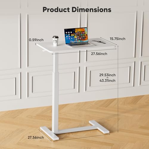 NEWBULIG Overbed Bedside Table with Wheels, Rolling Desk Adjustable Height Standing Desks with Pneumatic Control, Small Mobile Laptop Workstation, Portable Desk for Couch Tray Home Office White NEWBULIG
