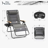 PHI VILLA XXL Oversized Padded Zero Gravity Chair, Foldable Patio Recliner, 30" Wide Seat Anti Gravity Lounger with Cup Holder, Support 400 LBS (Light Gray)