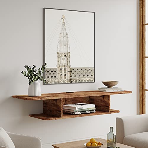 FITUEYES 2-Tier Floating TV Shelf Wall Mounted, Modern Floating Entertainment Center Media Console Under TV for Living Room, Rustic Brown - WoodArtSupply