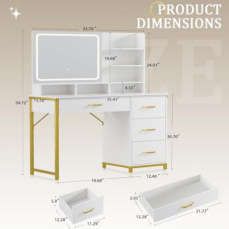 COMHOMA Vanity Desk with Mirror and Lights, Makeup Vanity Table with 4 Drawers & Storage Shelves, Large HD Mirror, 3 Color Modes & Adjustable Brightness, Modern Dressing Table for Bedroom, White/Gold COMHOMA