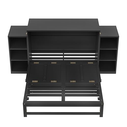 KEIKI Full Size Murphy Bed Chest, Folding Cabinet Wall Bed Frame with Storage Drawers & Shelves, Space Saving Hideaway Cabinets Beds Frames for Apartment Bedroom Guest Room, Wood Slat Support, Gray KEIKI