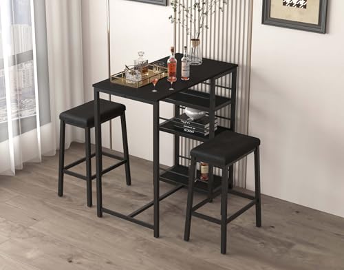 YHUBHSIS 3-Piece Dining Table and Chairs Set, 2-Person Kitchen Table and Chairs Set,with 3 Large Storage Shelves, for Kitchen Breakfast Table, Living Room, Bar, Small Space, Apartment (Black) YHUBHSIS