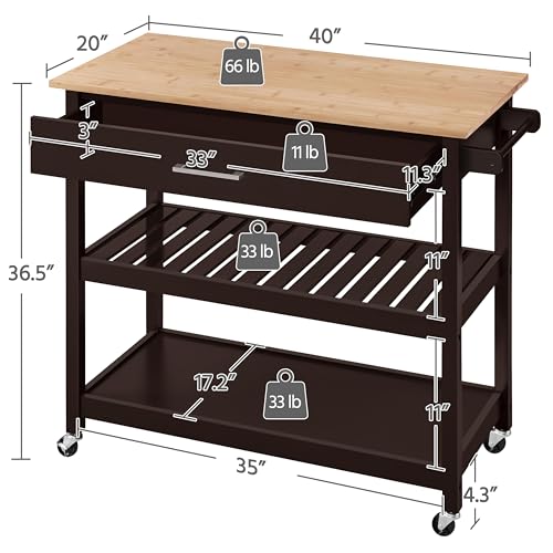 Yaheetech Kitchen Island on Wheels with Bamboo Tabletop, 3-Tier Rolling Kitchen Cart Microwave Oven Cart Serving Trolley with Drawer and Wine Storage Shelf, 20" D x 40" W, Espresso - WoodArtSupply