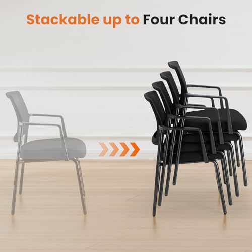 Sweetcrispy Mesh Back Stacking Arm Chairs 4 Pack, Upholstered Fabric Stack Chairs, Sturdy Metal, Easy to Use and Store, Outdoor and Indoor, for Home, Office, Party, Comfy，Black Sweetcrispy