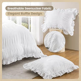 Queen Comforter Set Seersucker 7 Pieces Luxury Ruffle Bed in a Bag Queen Size for All Season White Bedding Set with Comforter, Pillowcases, Flat Sheet, Fitted Sheet and Pillow Shams QUIETSEA