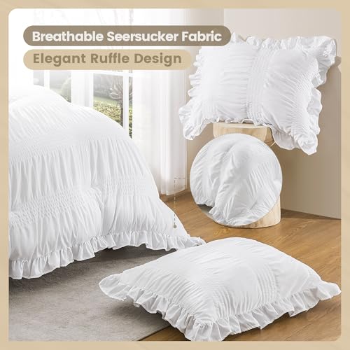 QUIETSEA Full Comforter Set Seersucker 7 Pieces Luxury Ruffle Bed in a Bag Full Size for All Season White Bedding Set with Comforter, Pillowcases, Flat Sheet, Fitted Sheet and Pillow Shams QUIETSEA