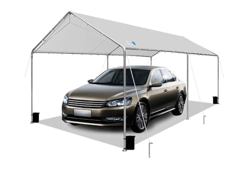 Carport Canopy 10'x20' Heavy Duty Carport, Waterproof & UV Protected Garage Top Tarp Shelter Cover with Reinforced Steel Cables, Outdoor Portable Garage for Car, Boat Tent, Light Grey - WoodArtSupply