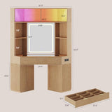 HAUOMS Corner Vanity, with Bag Showcase, LED Lights, Fluted Wood Luxury Makeup Vanity Desk with Mirror, Big Dressing Table with Glass Top, Cabinets, Shelves, Drawers, Charging Station (Oak) HAUOMS