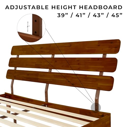 Bme Caden 15 Inch Adjustable King Bed Frame - Mid Century Acacia Wood Platform with Headboard, Dark Chocolate Bme