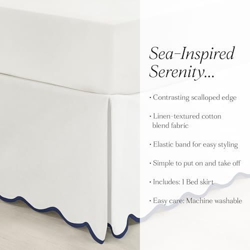 Lush Decor Coastal Chic Scalloped Edge Linen-Textured Bed Skirt Single, King Navy & White - White Bed Skirt King Size - Coastal Decor - Wrap Around Bed Skirt Lush Decor