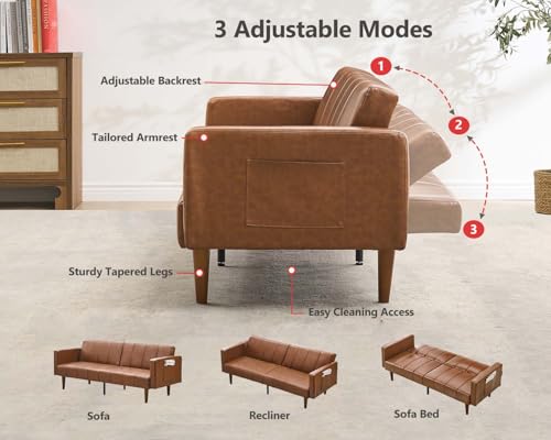 GAOMON Modern Futon Couch 75" Futon Sofa Bed, Convertible Sleeper Sofa with Adjustable Backrest, Mid-Century Loveseat, Small Sofa PU Leather Couch with Side Pockets for Living Room, Brown GAOMON