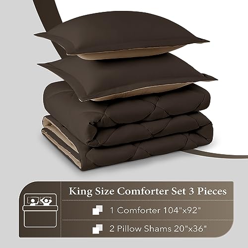 downluxe King Size Comforter Set - Brown and Tan King Comforter, Soft Bedding Sets for All Seasons -3 Pieces - 1 Comforter (104"x92") and 2 Pillow Shams(20"x36") downluxe