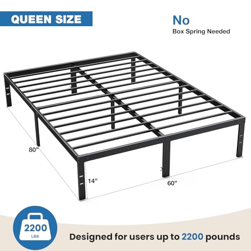 OLIXIS Metal Queen Bed Frame - 14in High with Storage Space, No Box Spring Needed with Sturdy Steel Slat Support, 2200LBS Heavy Duty for Easy Assembly, Black for Bedroom OLIXIS