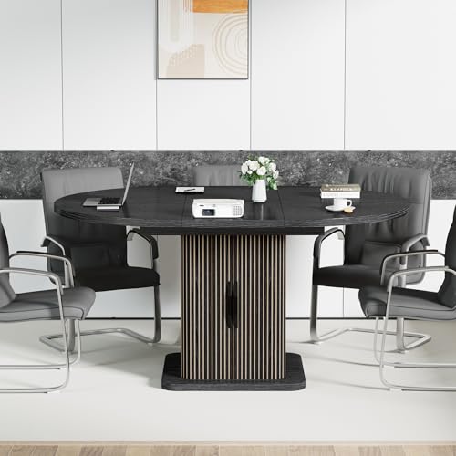 Extendable Black Round Conference Table for 4-8 People, 43in-59in Modern Oval Meeting Room Table with Storage, Fluted Wood Slide Doors, Small Compact, Office, Training, Conference Room Jluomei