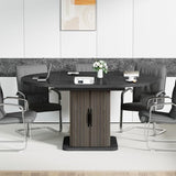 Extendable Black Round Conference Table for 4-8 People, 43in-59in Modern Oval Meeting Room Table with Storage, Fluted Wood Slide Doors, Small Compact, Office, Training, Conference Room Jluomei