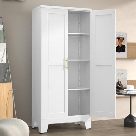 White Metal Pantry Cabinet with 2 Doors and Adjustable Shelves, 61" Kitchen Storage cabinets with Gold Handles, Versatile Storage for Laundry/Living/Dinning Room, Bathroom,Utility Room winiowa