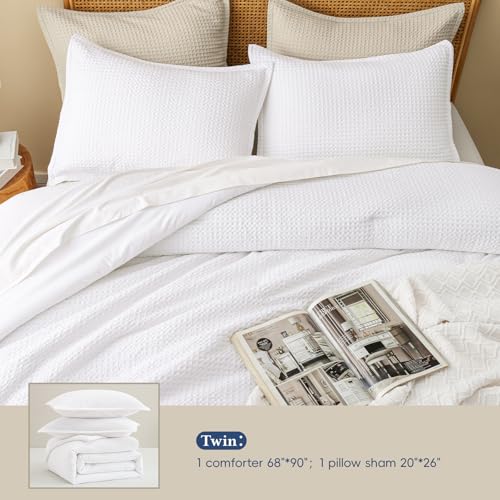 David's Home Waffle Weave Comforter Set 2PCS Twin Size, Soft Breathable Lightweight Cozy Skin-Friendly Warm for All Season, Elegant Aesthetic Home Decor Bedding Set with Pillow Shams, White David's Home