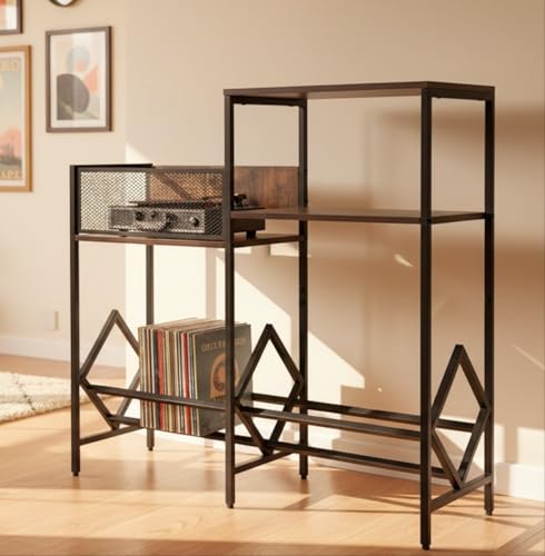 JinMing Vinyl Record Player Stand, Heavy-Duty Audio Cabinet for Records, Turntable, Receiver, Speakers, Wood Media Console for Living Room, Retro Industrial Style JinMing