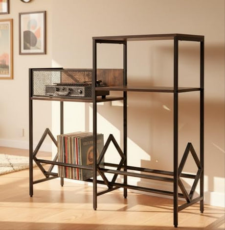 JinMing Vinyl Record Player Stand, Heavy-Duty Audio Cabinet for Records, Turntable, Receiver, Speakers, Wood Media Console for Living Room, Retro Industrial Style JinMing