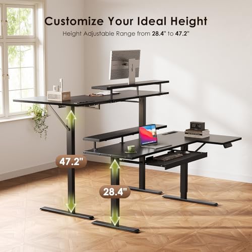 OffiGo 55 Inch L Shaped Electric Standing Desk with Keyboard Tray, Reversible Height Adjustable Corner Computer Desk with Monitor Stand, Sit Stand Up Lift Table for Home, Office, Carbon Fiber Black OffiGo