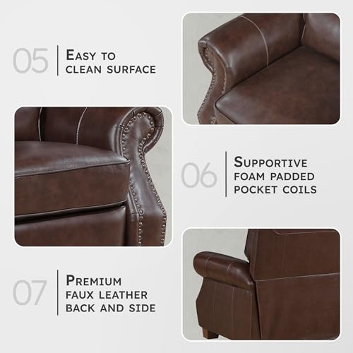 Lexicon Push Back Reclining Chair, Top Grain Leather Match Push Back Recliner Chair with Nailhead Trim, Rolled Arms, Solid Wood Legs, for Living Room/Apartment/Office, Easy Assembly, Brown