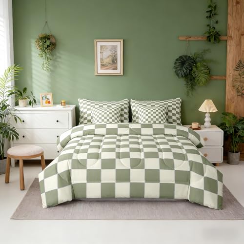 Erosebridal Plaid Full Comforter Set 7 Piece Beige Sage Green Checkerboard Bed in A Bag with Sheets Geometric Checkered Bedding Set for Kids Boys Girls,Aesthetic Grid Bed Set Erosebridal