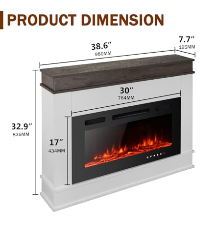 Maxhonor Electric Fireplace Inserts Freestanding Heater for The Living Room Floating Fireplace with 12 LED Colors with Logset and Stones,1500W/750W (30inch with Mantel,White) Maxhonor