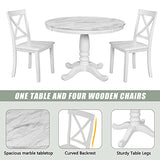 Merax Round Dining Table Set for 4, 5-Piece Faux Marble Kitchen Table Set with 4 Chairs, Farmhouse Table and Chairs Set for Kitchen, Dining Room, Small Space, White Merax
