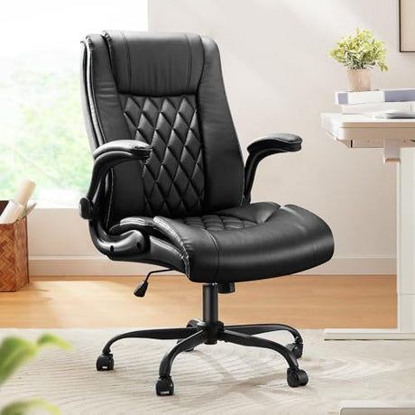 Marsail Executive Office Chair with Flip-up Armrests,PU Leather Ergonomic Desk Chair Height-Adjustable Swivel Rolling Computer Desk Chair,Black Marsail