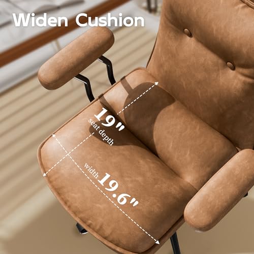 Sucrever Brown Office Chair with Triple-Layers Thicken Wide Seat, Mid Back Leather Desk Chair with Wheels and Arms, Mid-Century Modern Computer Chair for Home Office Sucrever
