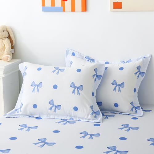 Wajade 7 Piece Blue Bow Comforter Set for Girls Kids Full Size Bedding Set with Sheet and 2 Pillowcases 2 Pillow Shams Cute Girls Bed in a Bag as Birthday Choice Wajade