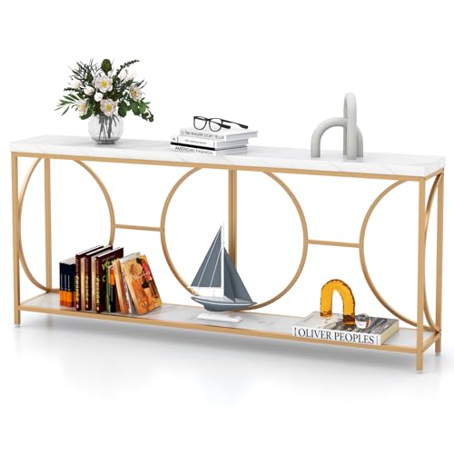 Giantex 71" Console Table, 2-Tier Extra-Long Gold Entryway Table w/Storage Shelf, Faux Marble Top, Narrow Sofa Table with Geometric Frame, Behind Couch Entry Table for Living Room, Hallway, Foyer Giantex