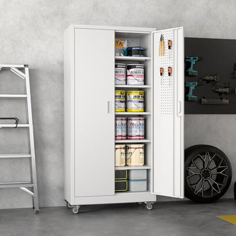 Aobabo Upgraded Garage Storage Cabinets with Wheels,Metal Storage Cabinets with 5 Adjustable Shelves for Garage Home Office Storage,White,71''H*34''W*18''D,Assembly Required Aobabo