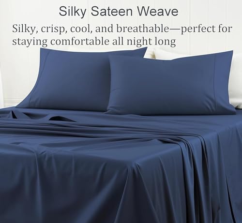 Shunjie.Home 100% Cotton Full Bed Sheets Set - 600 Thread Count Sateen - 4 Piece Bed Sheet Set, Deep Pocket with All Around Elastic, Breathable & Durable Hotel Luxury Bedding - Navy Blue Shunjie.Home