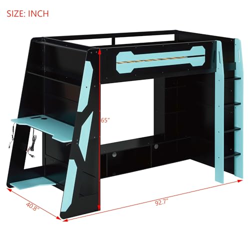 Merax Twin Size Gaming Loft Bed with Desk and Multi-Storage Shelves, Wooden Loft Bed Frmae with Light, Space-Saving Bed with Safety Guardrail Merax