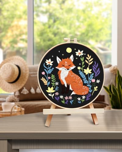 TINDTOP Embroidery Kit for Beginners Adult, Fox Embroidery Kit for Beginners Include Embroidery Cloth Hoops Threads for Craft Lover Hand Stitch with Embroidery Skill Techniques TINDTOP