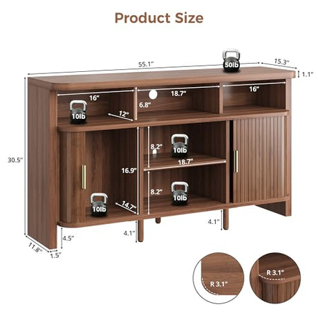 IRONCK 55" Sideboard Buffet Cabinet with Storage, Fluted Credenza with Sliding Door & Open Shelf, Mid Century Modern Accent Coffee Bar Console Table for Kitchen, Living Room, Entryway, Walnut IRONCK