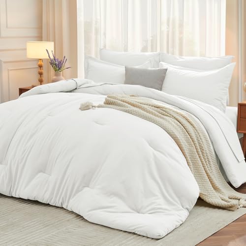 MUXHOMO 7 Pieces Queen Comforter Set, Soft Bed in a Bag Queen Size, All Season Bedding Set with Comforter, Flat Sheet, Fitted Sheet, Pillowcases & Shams, White MUXHOMO