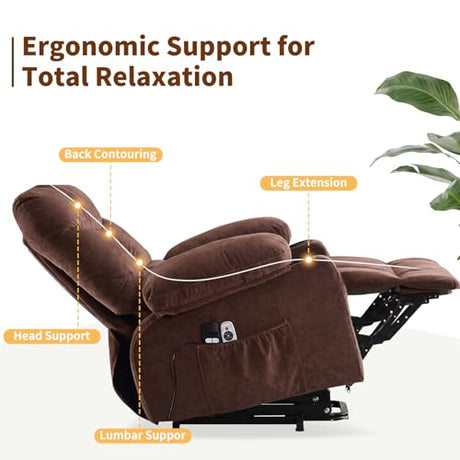 PoteSoar Power Lift Recliner Chair for Elderly with Massage and Heat, Comfortable Electric Power Reclining Chair with Side Pockets,2 Cup Holders and USB Charging Port for Living Room (Dark Brown) PoteSoar