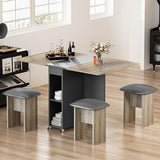 Lamerge Folding Dining Table Set for 4, Dinner Table with 4 Leather Chairs and Shelves, Space Saving Foldable Dining Table with 6 Wheels, Kitchen Table Set for Small Spaces (Grey) Lamerge
