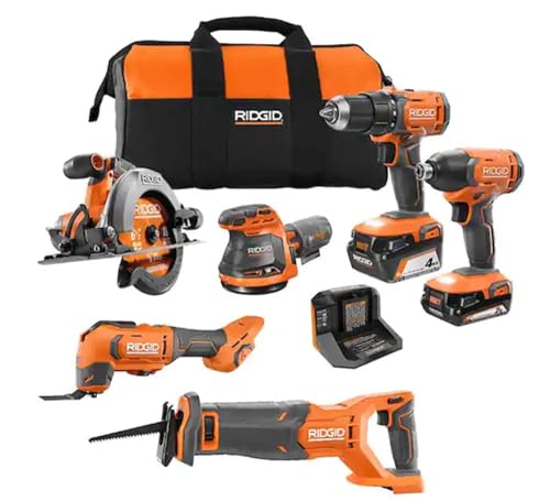 RIDGID18V Cordless 6-Tool Combo Kit with 2.0 Ah Battery, 4.0 Ah Battery, Charger, and Bag - WoodArtSupply