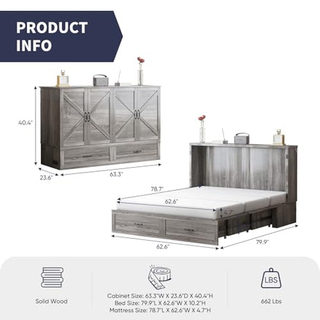 ZAFLY Murphy Bed Queen, Cabinet Bed with Tri-Folding Mattress, Hidden Guest Wall Beds with USB Charging Station & Storage Drawers, Modern Multifunctional Cabinet Murphy Beds, Saving Spaces - Grey ZAFLY