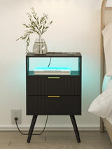 Leomonio Nightstand with Charging Station and LED Lights, Modern Bedside Table with 2 Storage Drawer and Open Wood Shelf for Bedroom and Small Spaces, Night Stand with Solid Wood Legs Leomonio