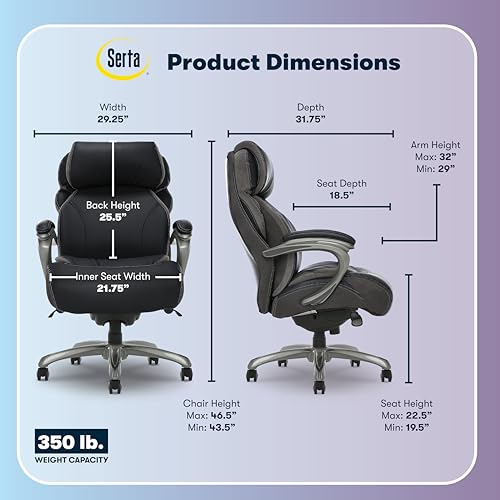 Serta Jackson Big and Tall Executive Home Office Chair with Smart Layers Technology, Wide Seat Cushion, Modern Comfy DeskChairs with Rolling Swivel Wheels, Bonded Leather, Black Serta
