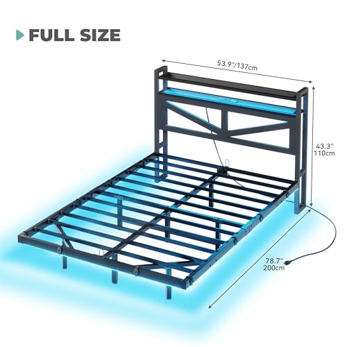 DWVO Full Size Floating Bed Frame with RGB LED Lights and Charging Station, Upholstered Platform Bed Frame with 2-Tier Storage Shelf Headboard, Solid Metal Slats, Noiseless, Easy Assembly, Black DWVO